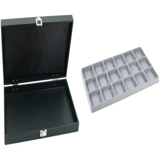 Black Jewelry Display Case (Single metal clasp) w/ Gray 18-slot Plastic Tray {1}