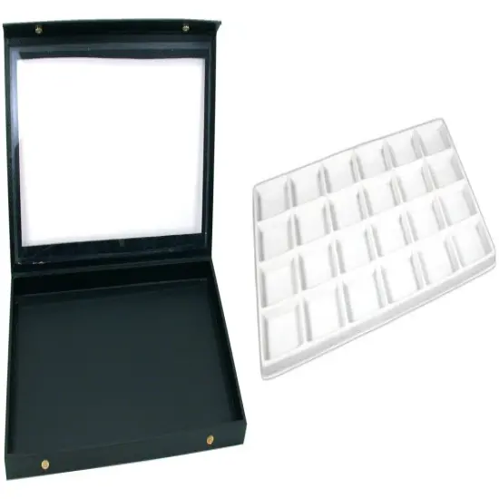 Black Glass Top Jewelry Case (Snap close lid) w/ White 24-slot Plastic Tray {1}