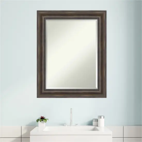 Beveled Wood Bathroom Wall Mirror, Rustic Pine Frame {6}