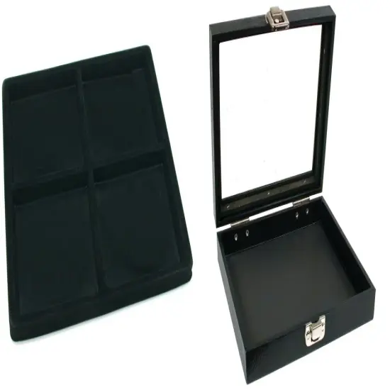Black Sqaure Glass-top Case (Single Metal Latch) w/ Black 4-slot Plastic Tray {1}