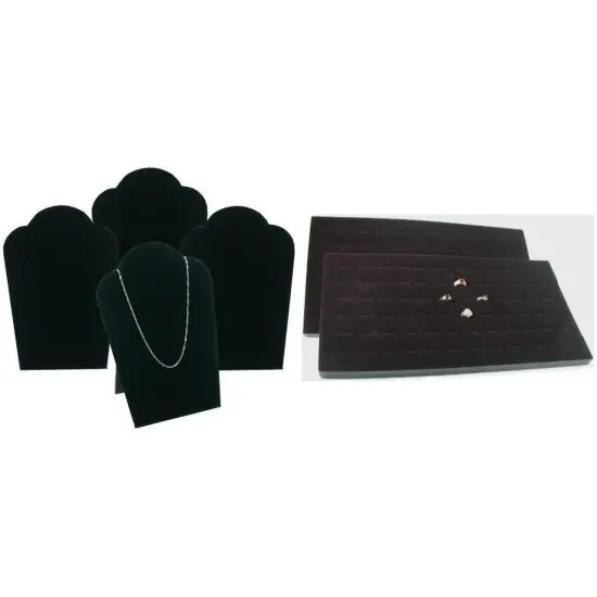 Black Foam Ring Display Tray Inserts & Padded Velvet Necklace Easels Kit 6 Pcs {1}