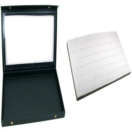 Black Glass Top Jewelry Case (Snap close lid) w/ Gray 72-slot Foam Display Pad {1}