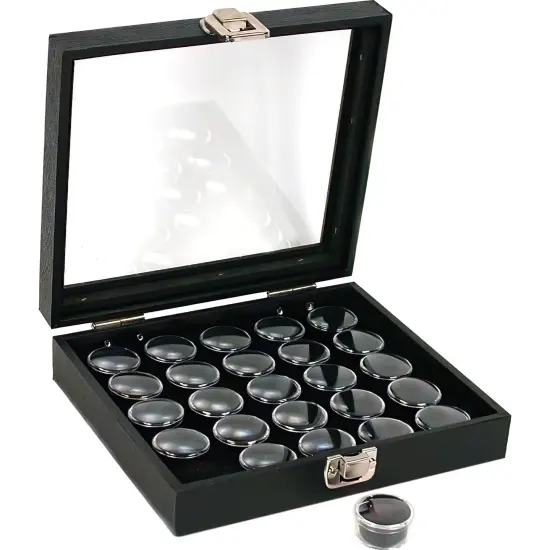 25 Gem Jars Black Display Tray Glass Lid Travel Case {1}