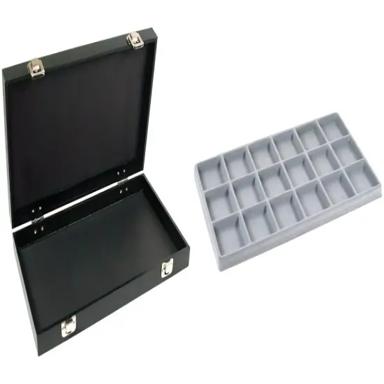Black Jewelry Case (2xMetal Clasps & Removable Lid) w/ Gray 18-slot Plastic Tray {1}
