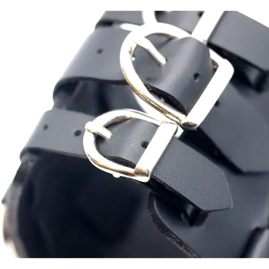 Wide Black Leather Watch Cuff Band {5}