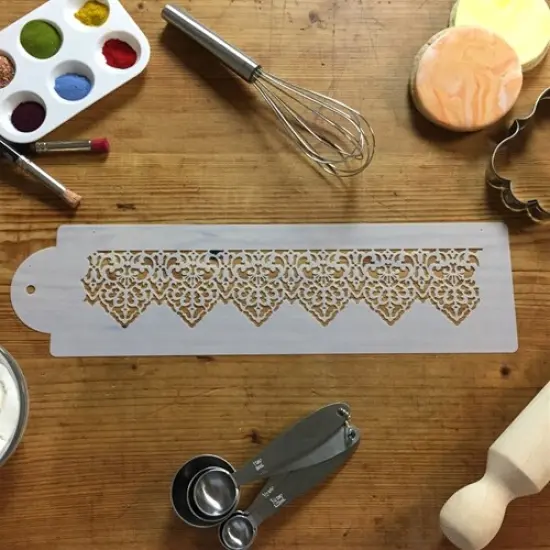 Pointed Lace Cake Stencil Side | C118T by Designer Stencils | Cake Decorating Tools | Baking Stencils for Royal Icing, Airbrush, Dusting Powder | Reusable Plastic Food Grade Stencil for Cakes | Easy to Use & Clean Cake Stencil {3}