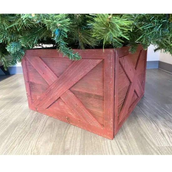Rustic Farmhouse Small Deluxe 17" Reclaimed Wooden Christmas Tree Box Collar Red {4}