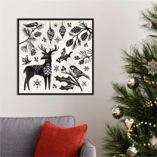 Woodcut Christmas III by Daphne Brissonnet Canvas Wall Art Print Framed Black {5}