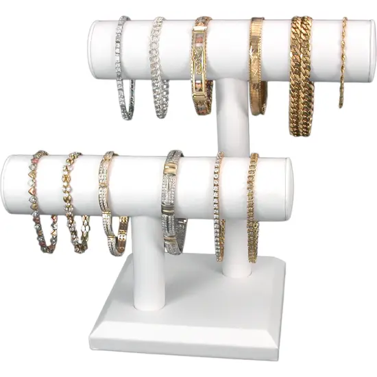 2 Tier White Leather T-Bar Bracelet Watch Jewelry Display Stands 2 Pack {3}