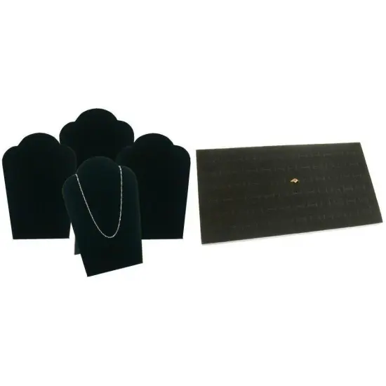 Black Velvet Necklace Pendant Busts & 72 Slot Foam Ring Display Tray Kit 5 Pcs {1}