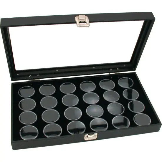 Glass Top Jewelry Display Case Box Black 24 Gem Jars {1}