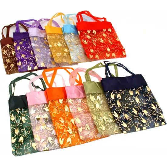 12 Large Organza Assorted Gold Flower Tote Gift Bags {2}