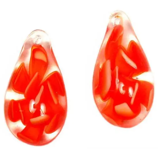 Teardrop Flower Glass Bead Pendants Red 32mm 2Pcs {1}