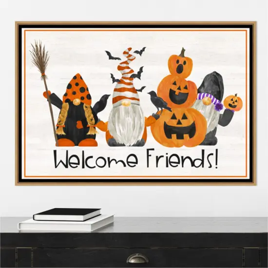 Gnomes of Halloween landscape II-Welcome Friends by Tara Reed 33-in. W x 23-in. H. Canvas Wall Art Print Framed in Natural {4}