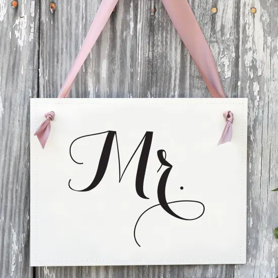 Ritzy Rose Mr. and Mrs. Chair signs - Black on 11x8in White Linen Cardstock with Blush Pink Ribbon {5}