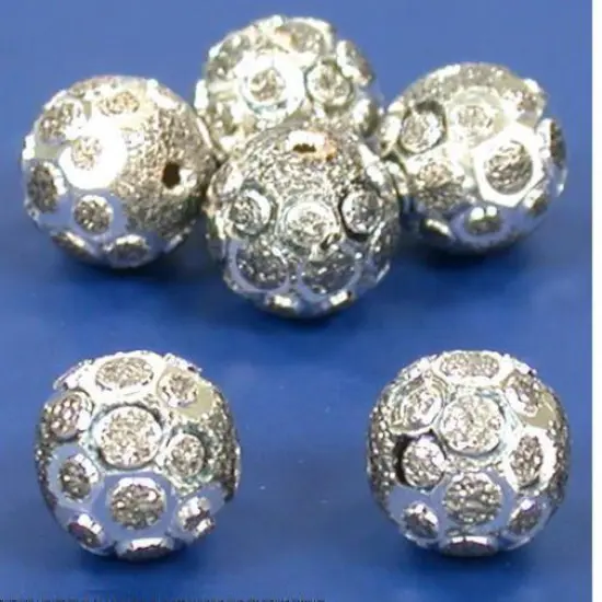 Round Diamond-Cut Beads Rhodium Plated Bead 6pc {1}