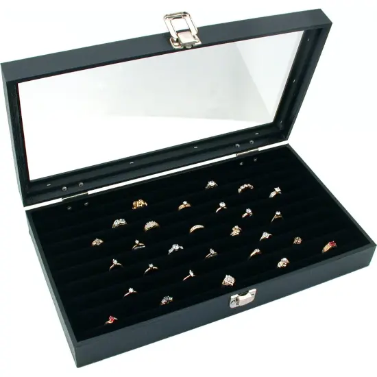 Glass Top Ring Display Case Black Box Tray Showcase XL {2}