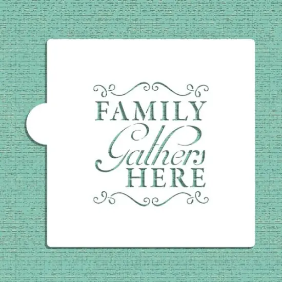 Family Gathers Here Cookie & Craft Stencil | CM026 by Designer Stencils | Cookie Decorating Tools | Baking Stencils for Royal Icing, Airbrush, Dusting Powder | Craft Stencils for Canvas, Paper, Wood | Reusable Food Grade Stencil {1}