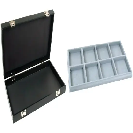 Black Jewelry Case (2xMetal Clasps & Removable Lid) w/ Gray 8-slot Plastic Tray {1}