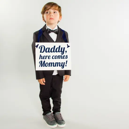 Ritzy Rose Cute Ring Bearer Sign - Navy Blue on 11x8in Ivory Linen Cardstock with Navy Blue Ribbon {6}