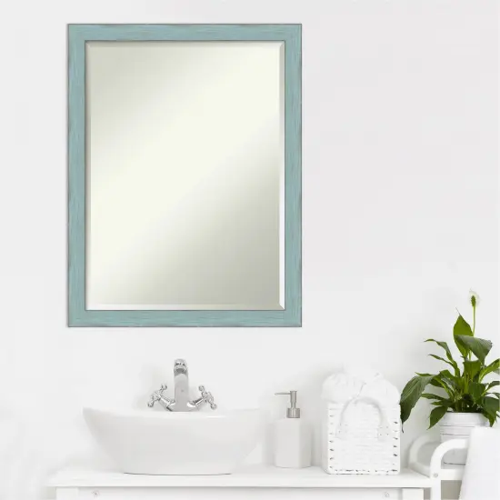 Beveled Wood Bathroom Wall Mirror, Sky Blue Rustic Frame {5}