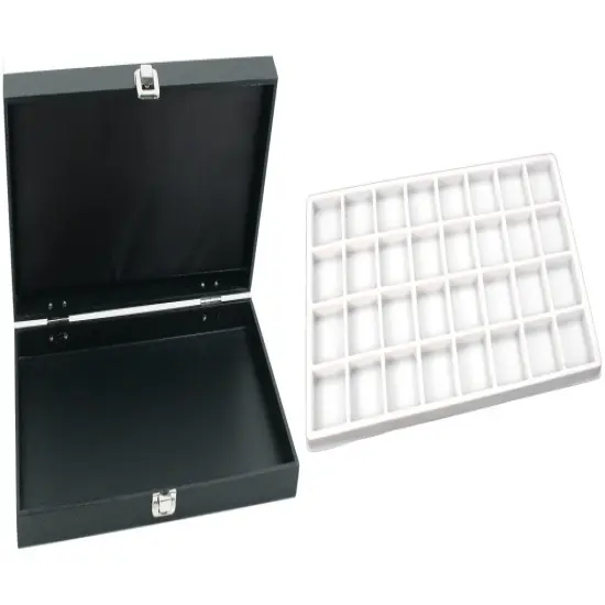Black Jewelry Display Case (Single metal clasp) w/ White 32-slot Plastic Tray {1}