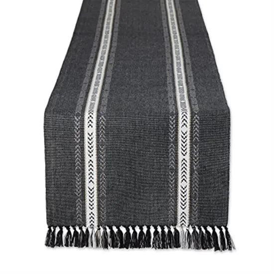 DII Black Dobby Striped Fringe Ribbed Table Runner 14x108 {1}