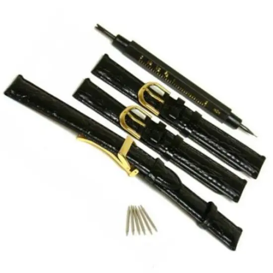 Deployment Buckle 3 Black Crocodile Leather Watch Band {1}