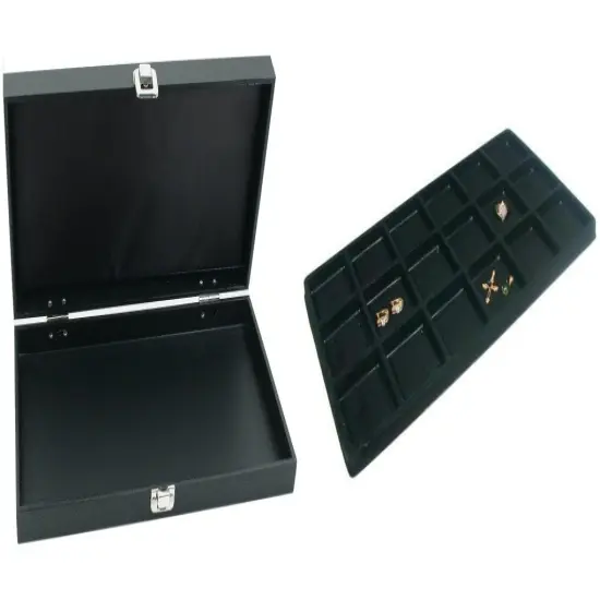 Black Jewelry Display Case (Single metal clasp) w/ Black 18-slot Plastic Tray {1}