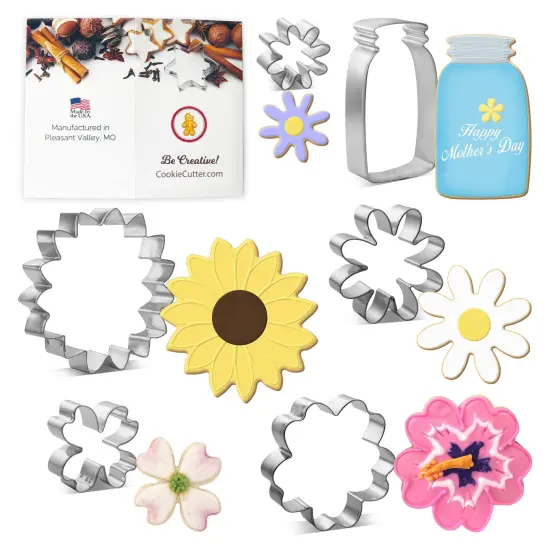 CookieCutter.com Mothers Day Flowers 6 Piece Cookie Cutters Set, Sunflower, Mason Jar, Hibiscus, Daisy, Tin Plate Steel, USA {1}
