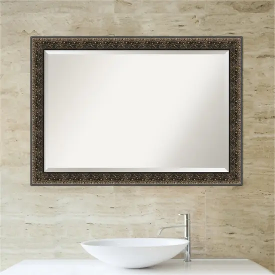 Beveled Wood Bathroom Wall Mirror, Intaglio Embossed Black Frame {4}