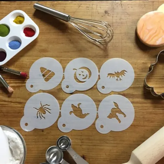 Halloween Cookie & Cupcake Stencil Set: Cat, Candy Corn, Spider, Ghost, Bat, Pumpkin | C065 by Designer Stencils | {3}