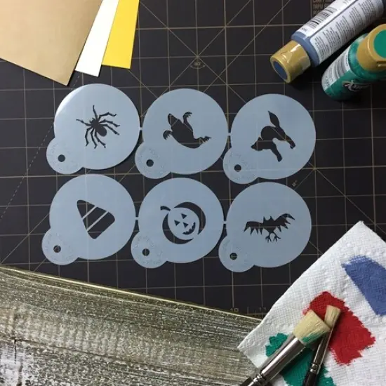 Halloween Cookie & Cupcake Stencil Set: Cat, Candy Corn, Spider, Ghost, Bat, Pumpkin | C065 by Designer Stencils | {4}