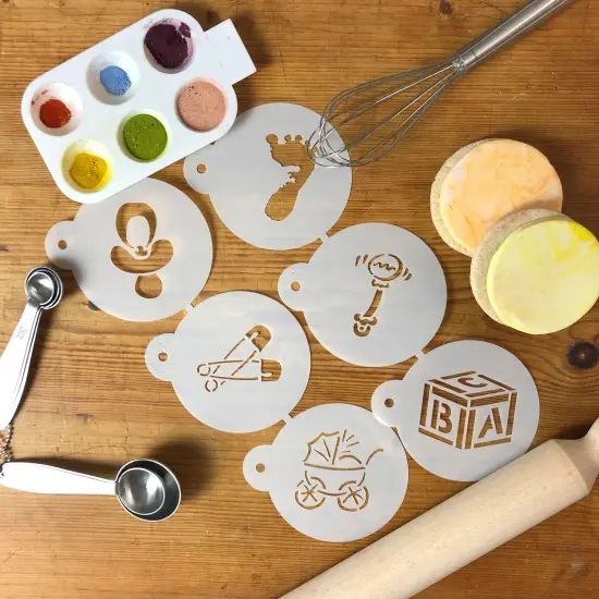 3-Inch Large Baby Cookie & Cupcake Stencils: Baby Carriage, Rattle, Pacifier, Block, Diaper Pins, Footprint | C197 by Designer Stencils | Cookie Decorating Tools | {4}