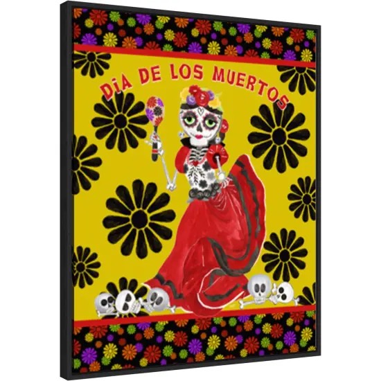 Day of the Dead portrait III-Dancing Woman gold & black by Tara Reed 23-in. W x 28-in. H. Canvas Wall Art Print Framed in Black {1}