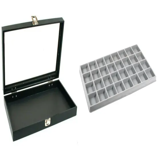 Black Glass Top Jewelry Case w/ 1 Gray 32-Slot Plastic Tray (Single metal latch) {1}