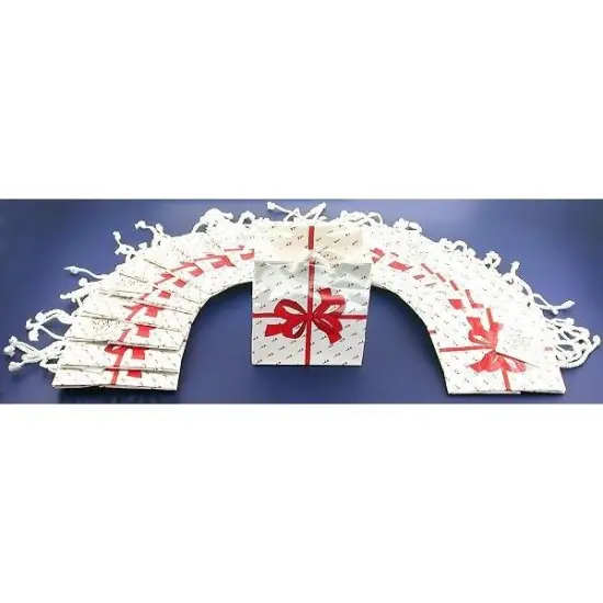 White Tote Shopping Gift Bags with Red Bow 4" x 2.75" x 4.5" Kit 100 Pcs {1}