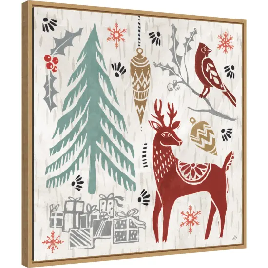 Woodcut Christmas V by Daphne Brissonnet Canvas Wall Art Print Framed Natural {1}