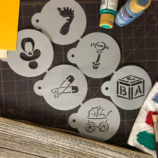 3-Inch Large Baby Cookie & Cupcake Stencils: Baby Carriage, Rattle, Pacifier, Block, Diaper Pins, Footprint | C197 by Designer Stencils | Cookie Decorating Tools | {5}
