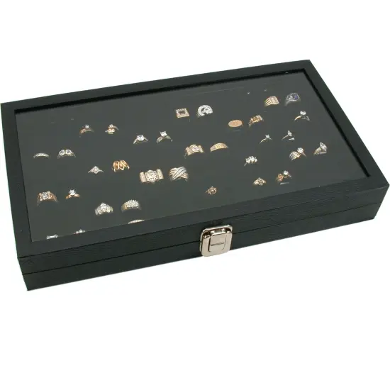 Glass Lid Case Black & Ring Tray Insert Black Velvet 2Pcs {2}