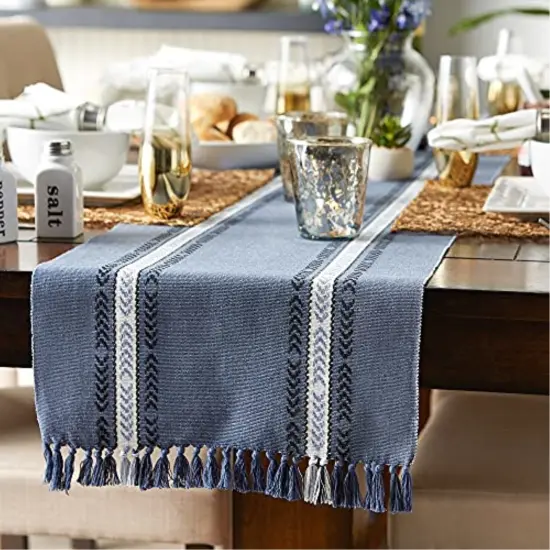 DII French Blue Dobby Striped Fringe Ribbed Table Runner 14x72 {4}