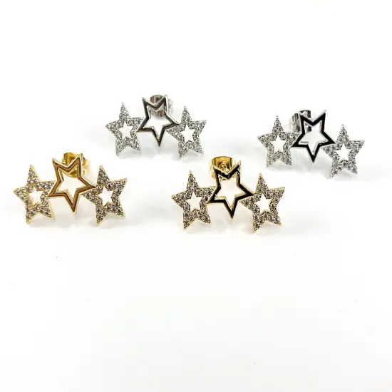 Real 18K Gold/Platinum Plated CZ Pave Triple Star Earring Stud Over Copper 1 pair Silver {5}