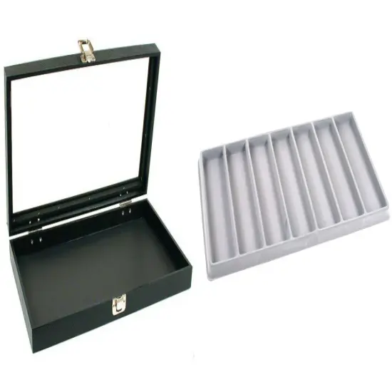 Black Glass Top Jewelry Case w/ 1 Gray 7-Slot Plastic Tray (Single metal latch) {1}