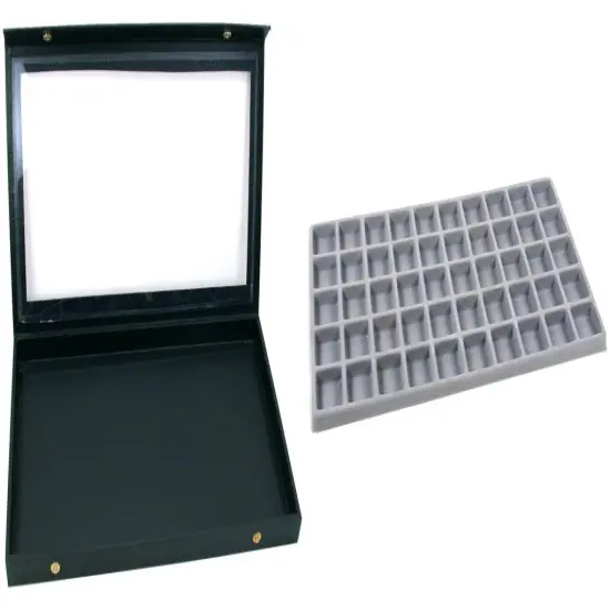 Black Glass Top Jewelry Case (Snap close lid) w/ Gray 50-slot Plastic Tray {1}