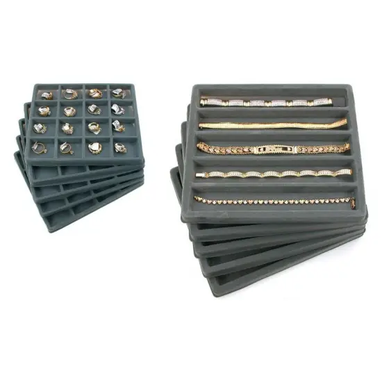 10 Gray Flocked Display Tray Inserts (5) 5 Slot & (5) 16 Slot Trays {1}