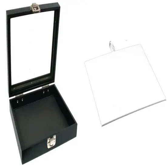 Black Sqaure Glass-top Case (Single Metal Latch) w/ White Leather Pad Insert {1}