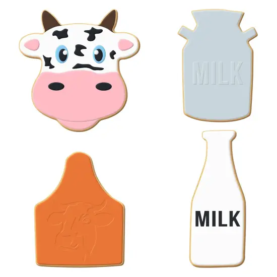 CookieCutter.com Dairy Farm Cow 4 Piece Cookie Cutters Set, Cow Face, Milk Bottle, Ear Tag, Milk Jug, Tin Plate Steel, USA {2}