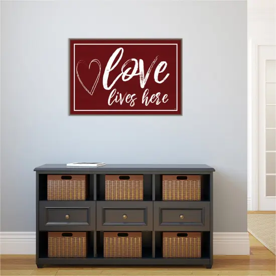 Valentines Sentiment V Love Lives Here by Tara Reed 33-in. W x 23-in. H. Canvas Wall Art Print Framed in Grey {4}