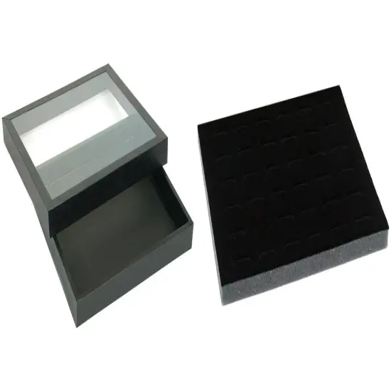 Black Square Display Case (Glass-top Removable Lid) w/ Black 36-slot Foam Insert {1}