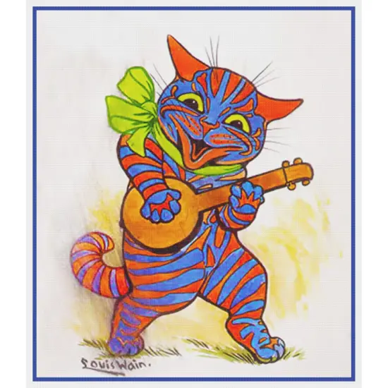 Louis Wain's Striped Kitty Cat Playing Banjo Counted Cross Stitch Chart Pattern {2}